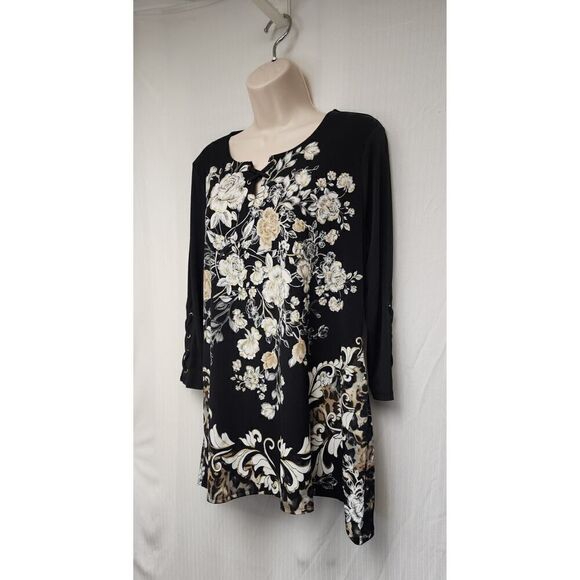 JM Collection Womens Round Neck Floral Tunic Blouse Black & Beige Size Medium - Picture 3 of 6